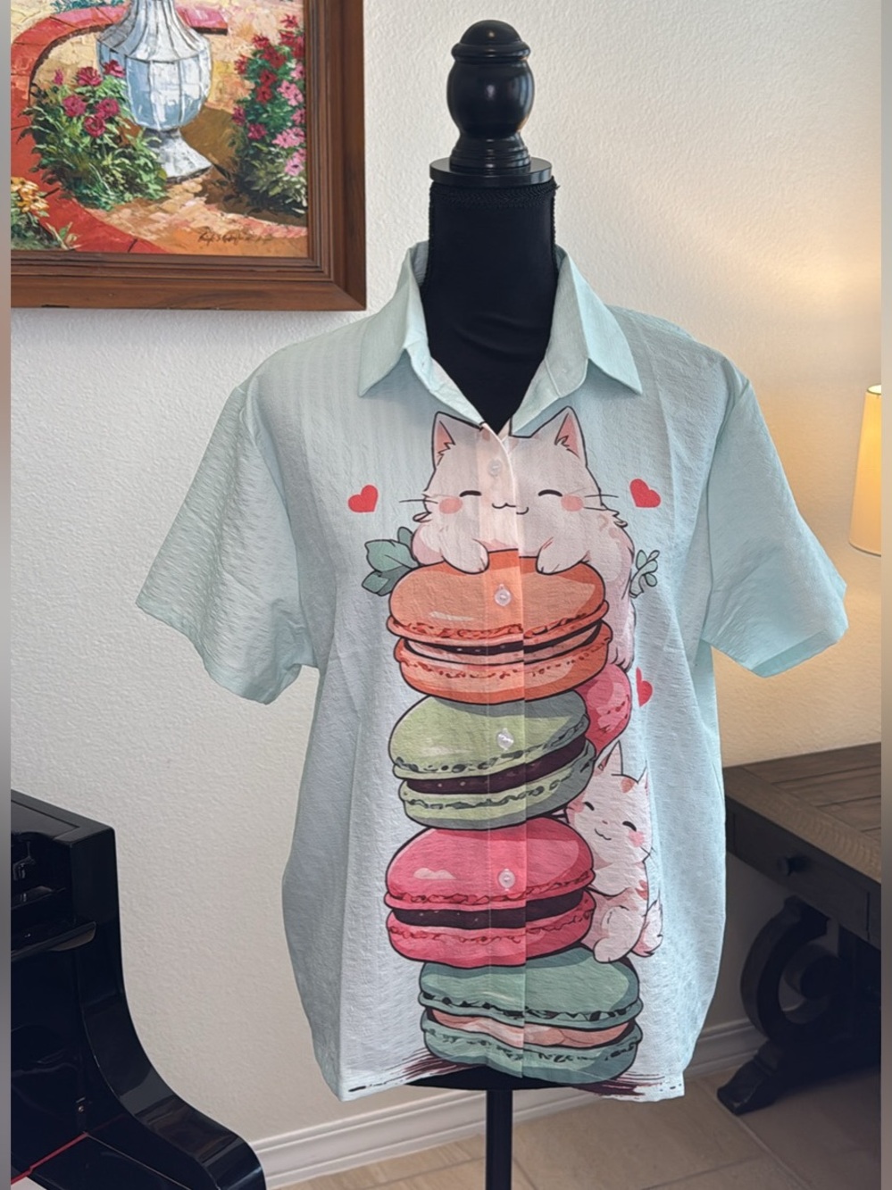Light Blue Cat & Macaron Button-Up Shirt